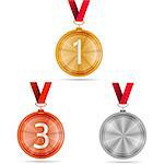 Set of gold, silver and bronze medals with red ribbons. Three isolated vector illustrations on gray background.