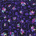Illustration of seamless colorful floral pattern on black background