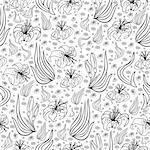 Illustration of seamless background from lilies and leaves in black and white colors isolated