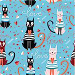 graphic pattern in love funny cats on a blue background with hearts