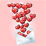 Open envelope with  red hearts for valentine day.