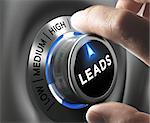 Leads button pointing  high position with two fingers, blue and grey tones, Conceptual image for increasing sales lead.
