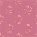 Seamless violet vector pattern or tile background with pink cupcakes silhouettes, muffin sweet cake.