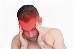 Closeup of man suffering from headache with over white background