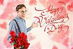 Geeky hipster holding a bunch of roses against valentines heart design