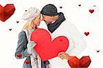 Smiling couple in winter fashion posing with heart shape against hearts