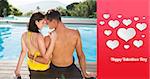 Couple sitting by swimming pool on a sunny day against happy valentines day