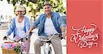 Happy mature couple going for a bike ride in the city against happy valentines day
