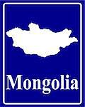 sign as a white silhouette map of Mongolia with an inscription on a blue background