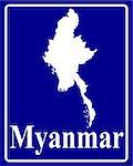 sign as a white silhouette map of Myanmar with an inscription on a blue background