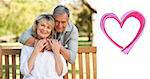 Elderly man hugging his wife who is on the bench against heart