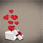 Hearts flying from box against grey background with vignette