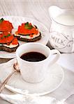 Romantic breakfast with coffee and toasts, Valentine concept