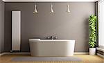 Minimalist bathroom with elegant bathtub, vertical heater and plant - 3D Rendering