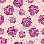 Seamless retro floral vector pattern with elegant pink and violet roses background. Beautiful abstract texture with rose flowers and vintage background