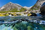 Above and below view of ice melt waterfall cascading down in Svartisen National Park, Melfjord, Nordfjord, Norway, Scandinavia, Europe