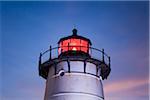 Close-up of the Edgartown Lighthouse in Edgartown, illuminated at dusk, Massachusetts, USA