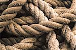 Close-up of rope used for a tug boat towline, coiled on deck, USA