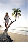 Woman walking on a palm tree in Cane Garden Bay, Tortola, British Virgin Islands, Caribbean