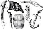 set Pirate attributes. Armament, parrot, flag and other