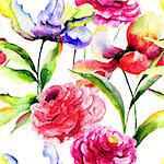 Seamless pattern with Tulip and Peony flowers, Watercolor painting