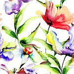 Seamless wallpaper with Tulips and Narcissus flowers, watercolor illustration