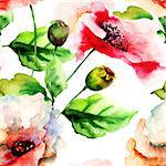Stylized Poppy flowers illustration, seamless pattern