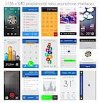 Smartphone UI flat style complete designer layout kit. Weather, music, calendar, phone dial, infographic, social and so on.