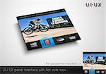 Layout of flat style modern webite panel with icons and sample image. Flat frontal perspective included.