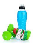 Two green dumbells, tape measure and drink bottle. Fitness and health. Isolated on white background