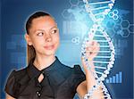 Beautiful woman in dress pointing finger on DNA model. Virtual elements as backdrop