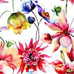 Seamless pattern with Decorative summer flowers, watercolor illustration