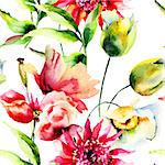 Seamless wallpaper with Colorful flowers, watercolor illustration