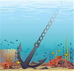 Anchor and coral reef on a blue sea background. Underwater vector illustration.