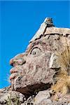 Inca face sculpture in the peruvian Andes at Puno Peru