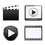Clapper board, video player, play button and film strip, vector eps10 illustration