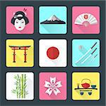 vector color flat style japanese national theme icons with shadow set