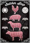 vector diagram cut carcasses of chicken, pig, cow, lamb