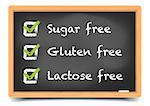 detailed illustration of a blackboard with sugar, gluten, lactose free text and checkboxes, eps10 vector, gradient mesh included