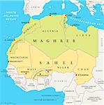 Maghreb and Sahel Political Map with capitals and national borders. English labeling and scaling.  JPEG and Illustrator 10 EPS. Text converted to paths and no fonts are required. Vector version can be scaled to any size without loss of quality.