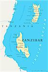 Zanzibar, political map of the semi-autonomous part of Tanzania in East Africa, an archipelago in the Indian Ocean composed of the two islands Unguja and Pemba. English labeling and scaling.  JPEG and Illustrator 8 EPS. Text converted to paths and no fonts are required. Vector version can be scaled to any size without loss of quality.