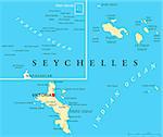 Seychelles Political Map with capital Victoria, important cities and islands and an overview map of the whole archipelago. English labeling and scaling.  JPEG and Illustrator 8 EPS. Text converted to paths and no fonts are required. Vector version can be scaled to any size without loss of quality.