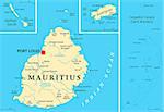 Mauritius Political Map with capital Port Louis, the islands Rodrigues and Agalega and with the archipelago Saint Brandon. English labeling and scaling.  JPEG and Illustrator 8 EPS. Text converted to paths and no fonts are required. Vector version can be scaled to any size without loss of quality.