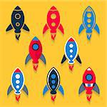 Colorful vector rocket icons collection on yellow background