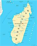 Madagascar Political Map with capital Antananarivo, national borders, important cities, rivers and lakes. English labeling and scaling. Illustration.