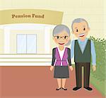 Happy grandparents standing near pension fund. Vector illustration