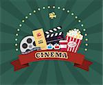Collection of cinema industry symbols. Pop corn, 3d glasses, ticket, film