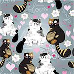 graphic pattern with funny enamored cats on a gray background