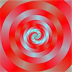 A digital abstract fractal image with a concentric ring spiral design in red and pale blue.