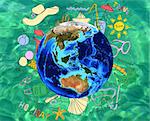 Summer holiday vacation concept, assorted items and words around Globe, on green sea water background. Element of this image furnished by NASA